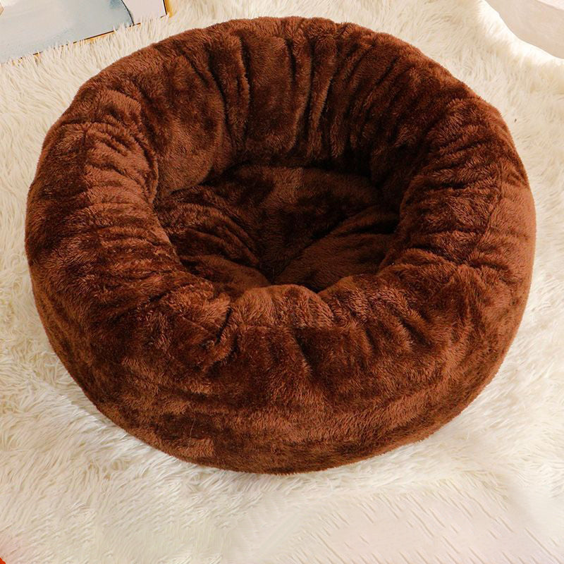 Pet Long Plush Donut Round Bed Warm Fluffy Cushion