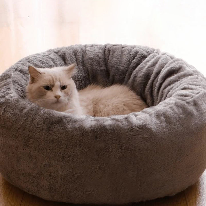 Pet Long Plush Donut Round Bed Warm Fluffy Cushion