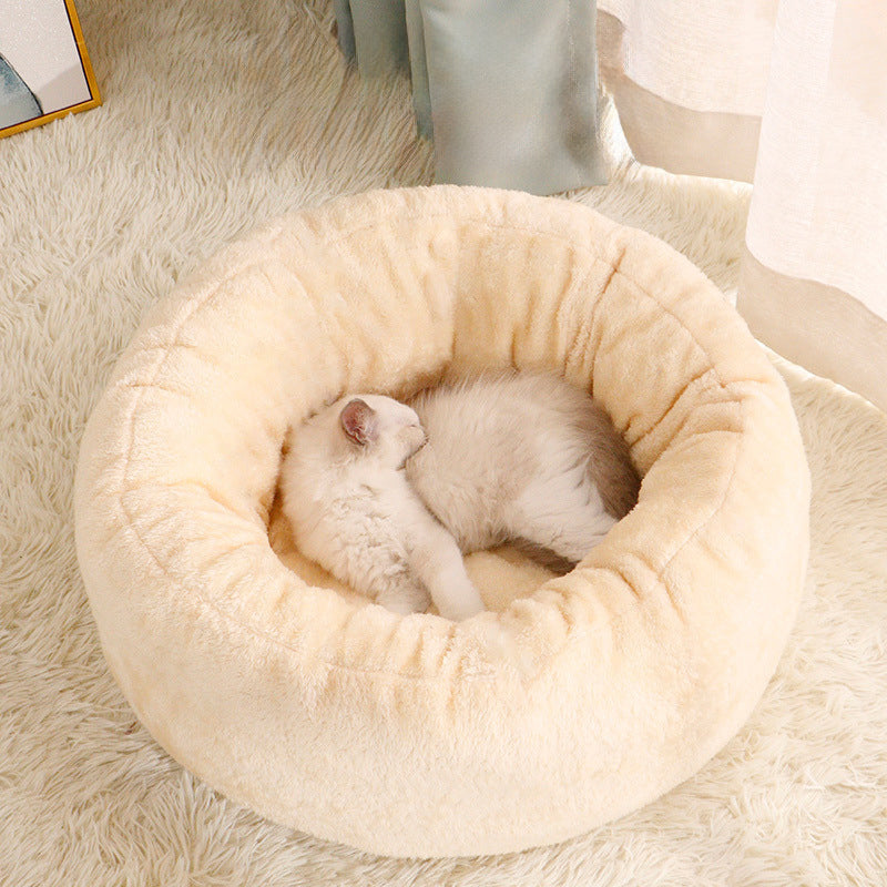 Pet Long Plush Donut Round Bed Warm Fluffy Cushion