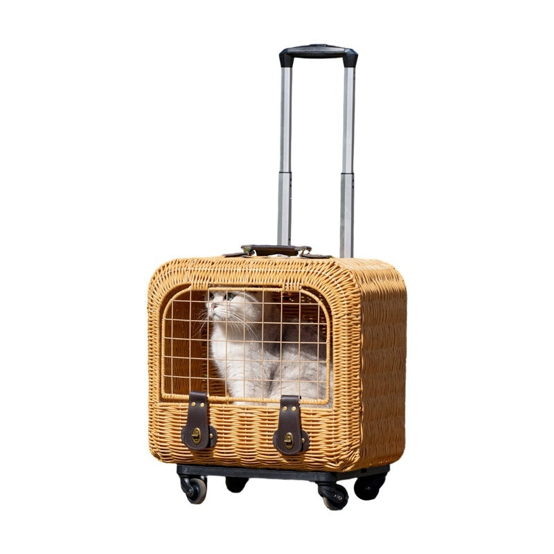 Portable Woven Rattan Pet Carrier With Ventilated Handle For Outing