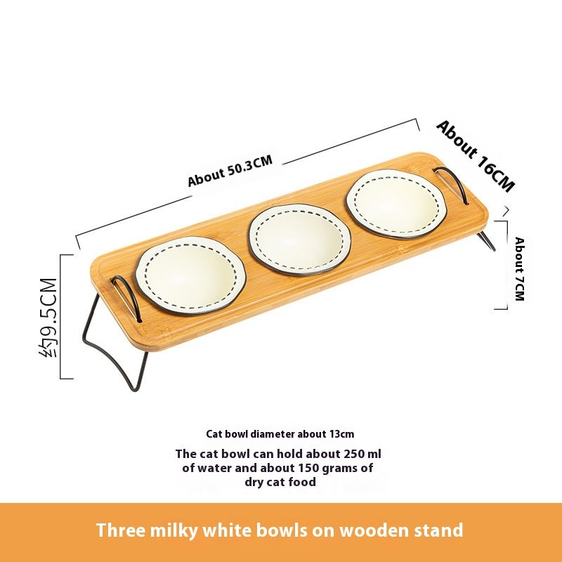 Multifunctional Pet Ceramic Feeding Bowl With Wooden Rack