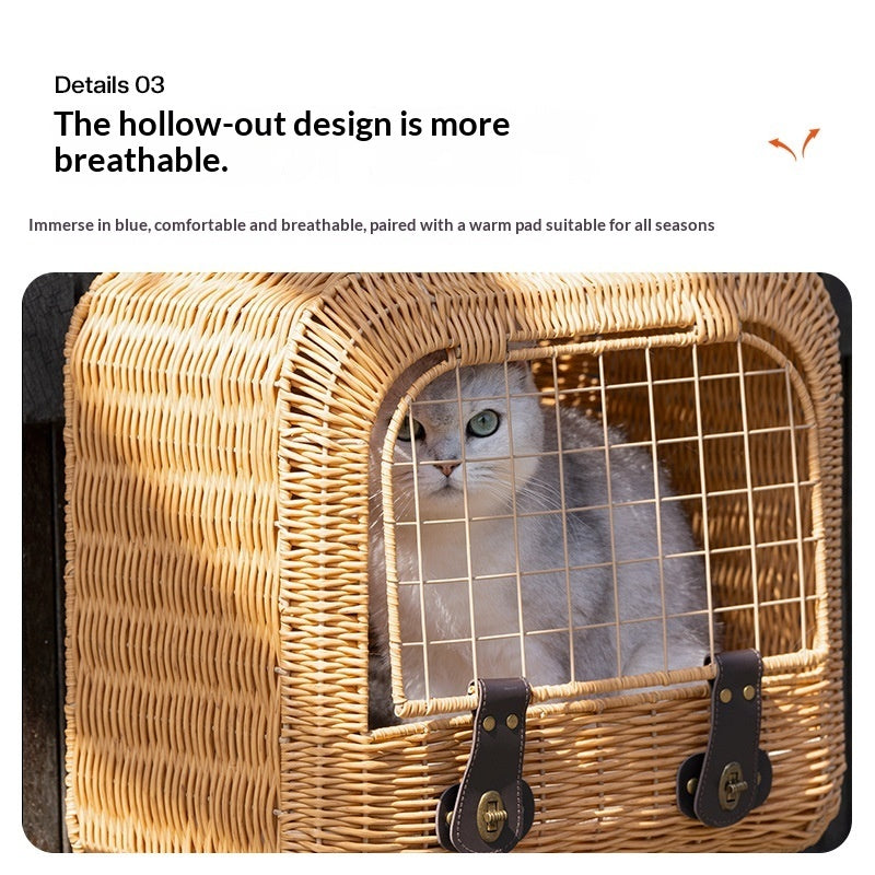 Portable Woven Rattan Pet Carrier With Ventilated Handle For Outing