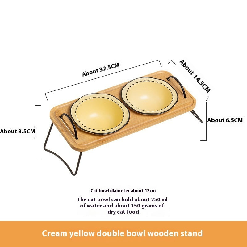 Multifunctional Pet Ceramic Feeding Bowl With Wooden Rack