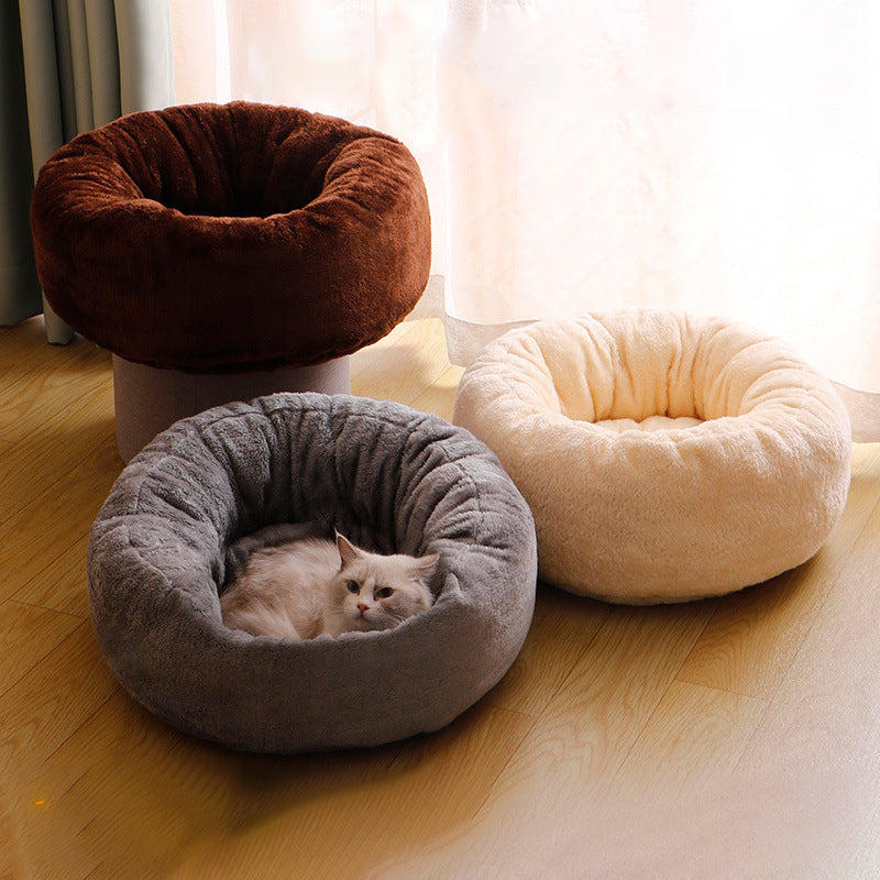 Pet Long Plush Donut Round Bed Warm Fluffy Cushion