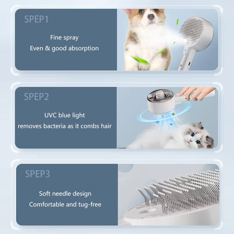 Electric Steam Pet Grooming Brush With Spray Massage Tool