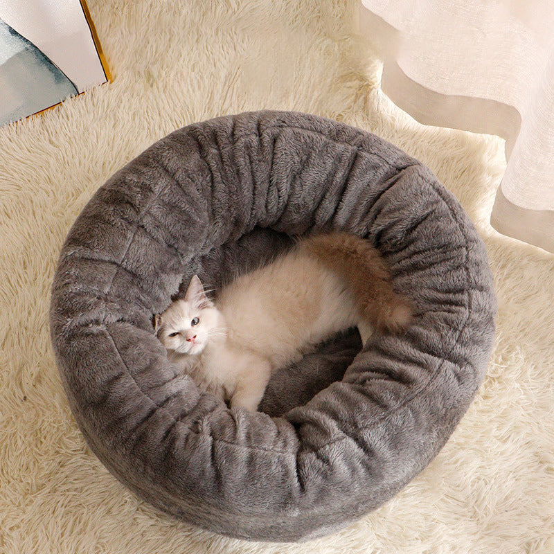 Pet Long Plush Donut Round Bed Warm Fluffy Cushion