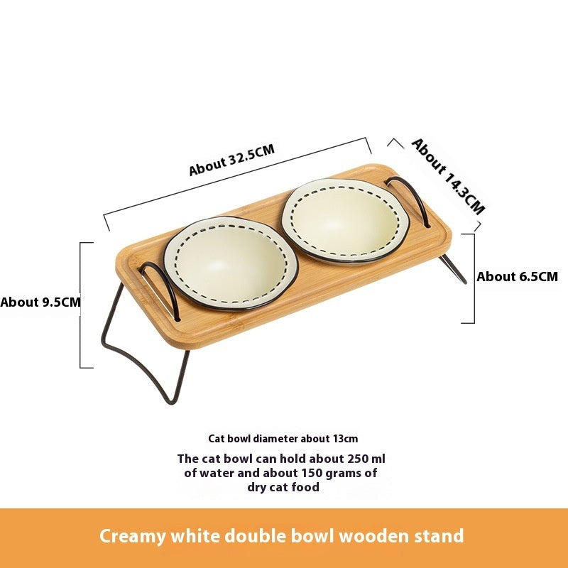 Multifunctional Pet Ceramic Feeding Bowl With Wooden Rack