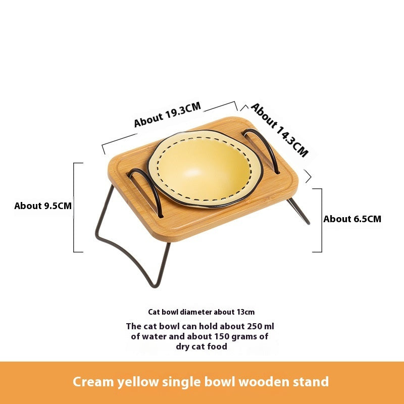 Multifunctional Pet Ceramic Feeding Bowl With Wooden Rack