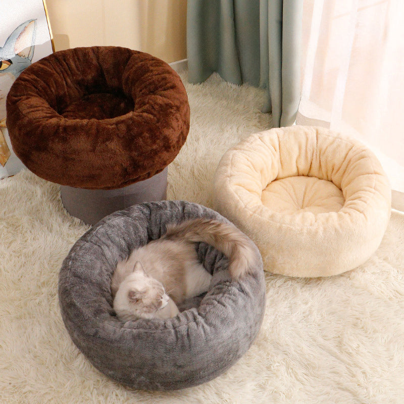 Pet Long Plush Donut Round Bed Warm Fluffy Cushion