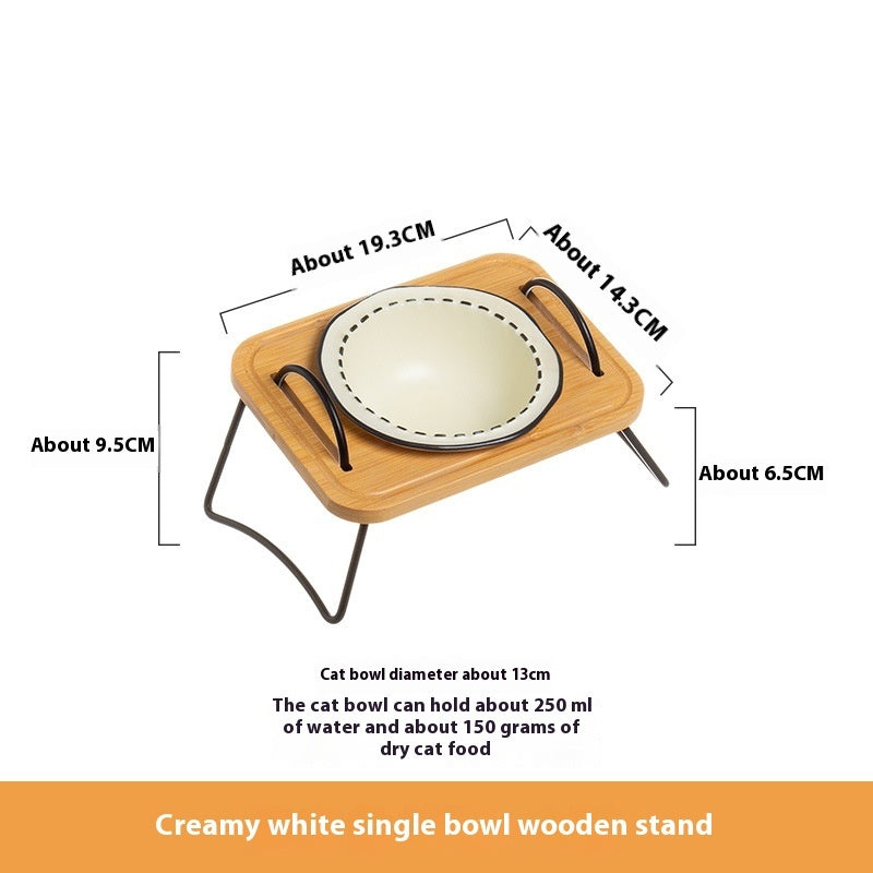 Multifunctional Pet Ceramic Feeding Bowl With Wooden Rack