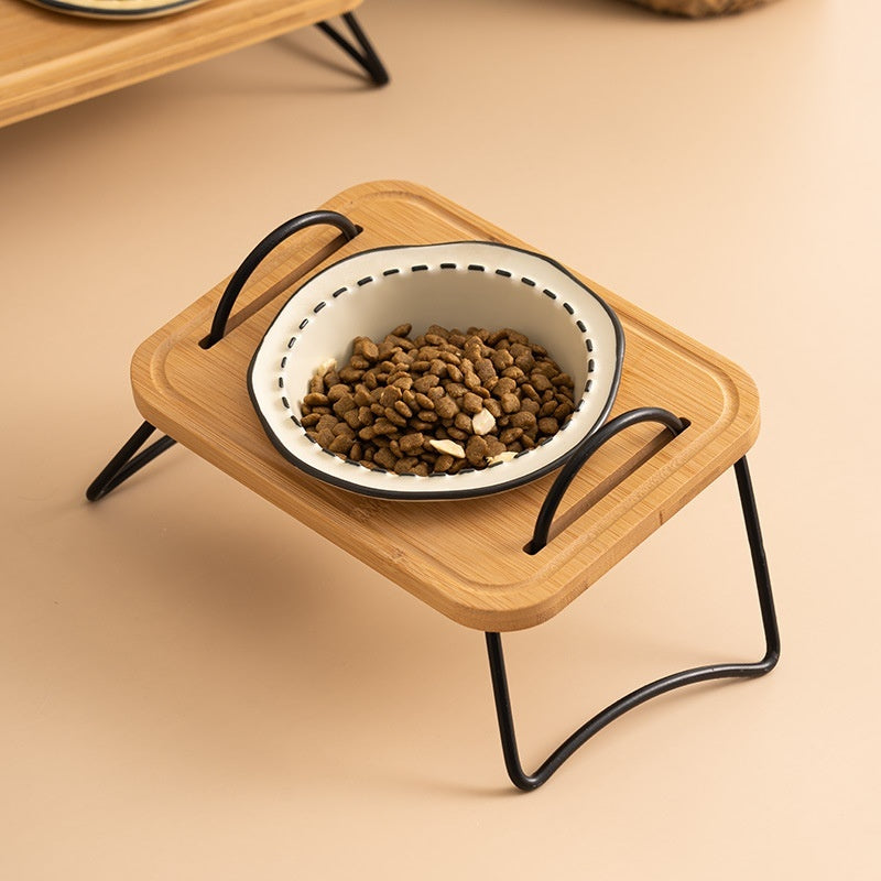 Multifunctional Pet Ceramic Feeding Bowl With Wooden Rack