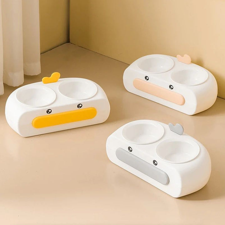 Duck Design Double Bowl Pet Feeding Tray With Water And Food Bowls