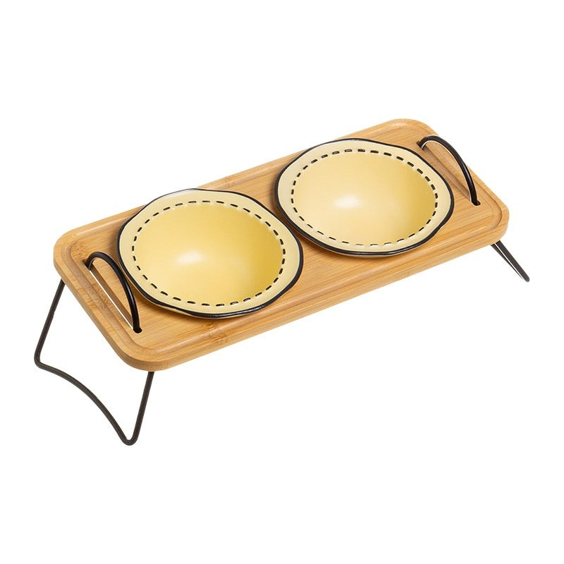 Multifunctional Pet Ceramic Feeding Bowl With Wooden Rack