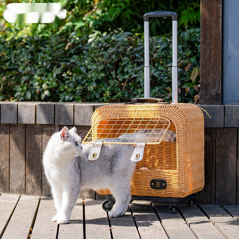Portable Woven Rattan Pet Carrier With Ventilated Handle For Outing