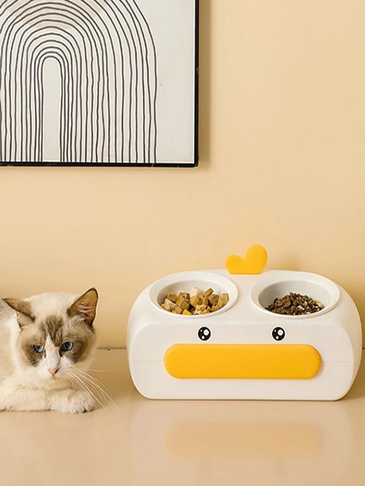 Duck Design Double Bowl Pet Feeding Tray With Water And Food Bowls