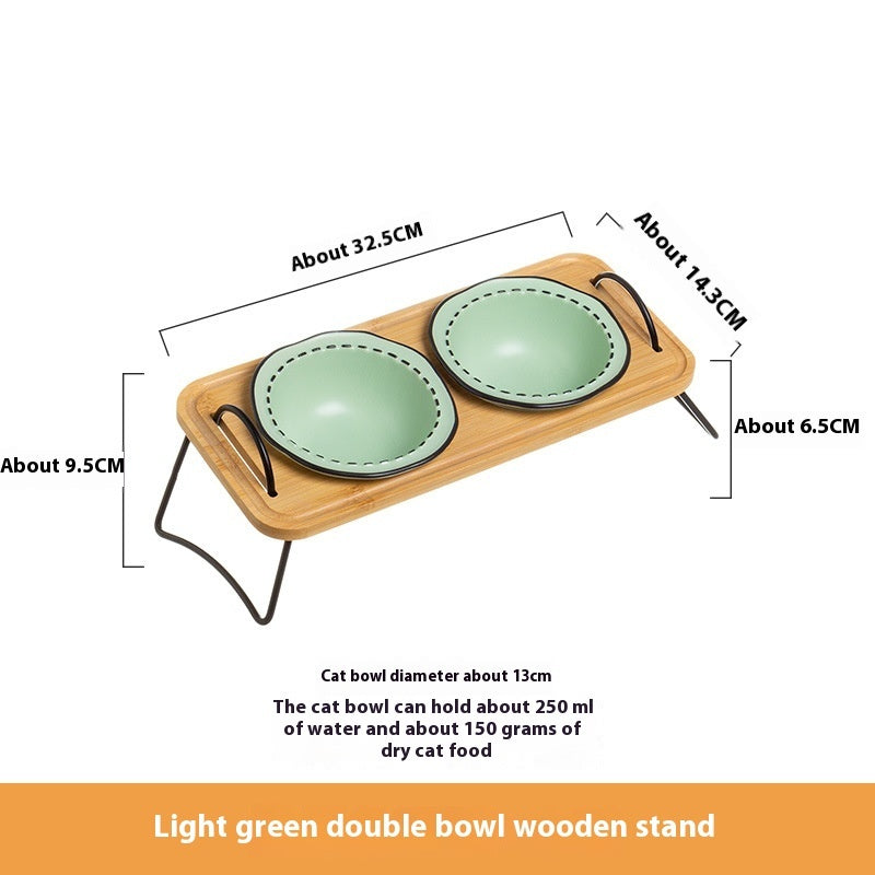 Multifunctional Pet Ceramic Feeding Bowl With Wooden Rack