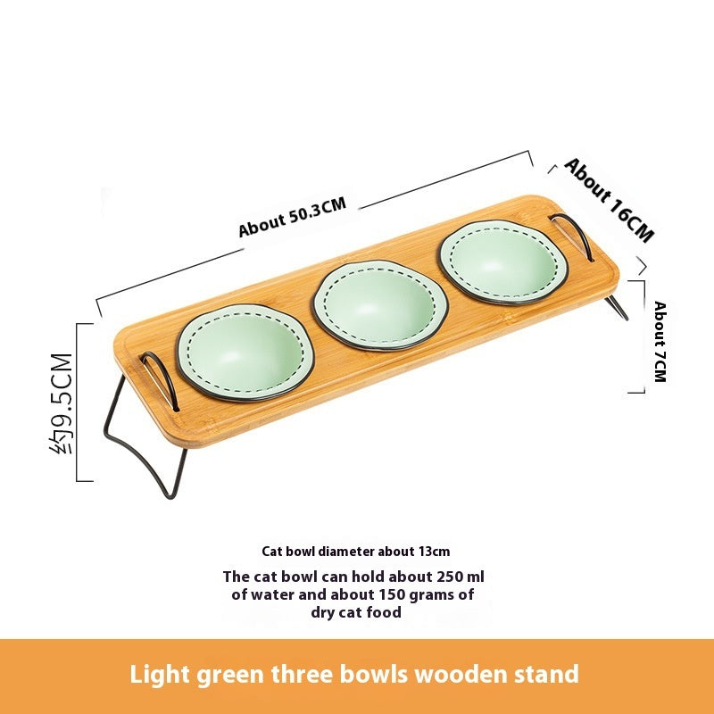 Multifunctional Pet Ceramic Feeding Bowl With Wooden Rack