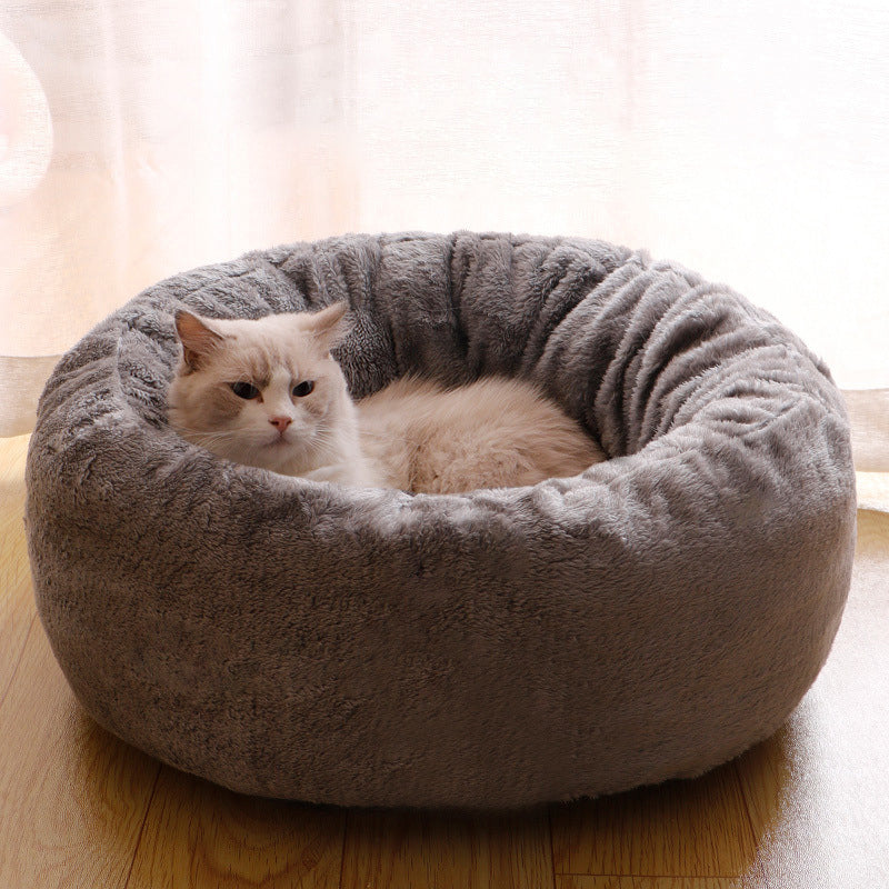 Pet Long Plush Donut Round Bed Warm Fluffy Cushion