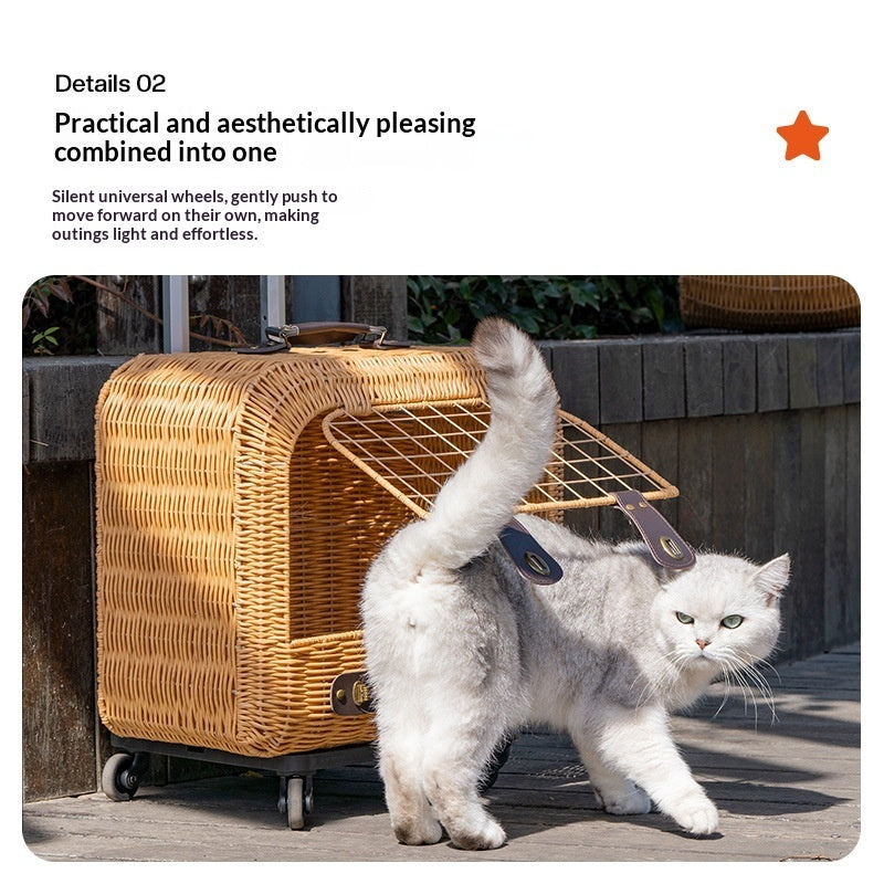 Portable Woven Rattan Pet Carrier With Ventilated Handle For Outing